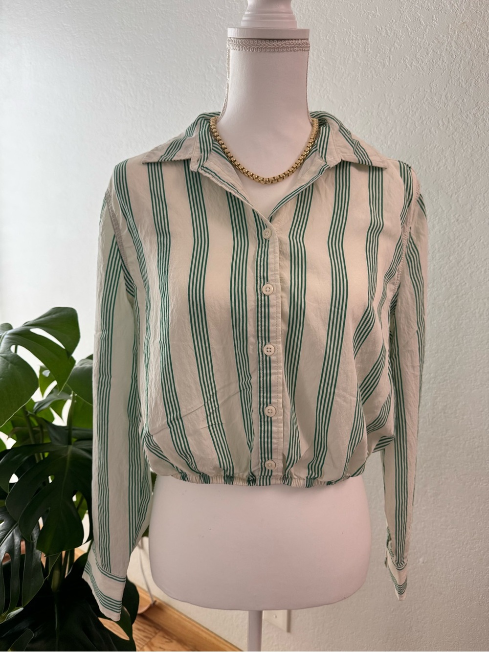 Green and White Striped Cropped Button-Down Shirt